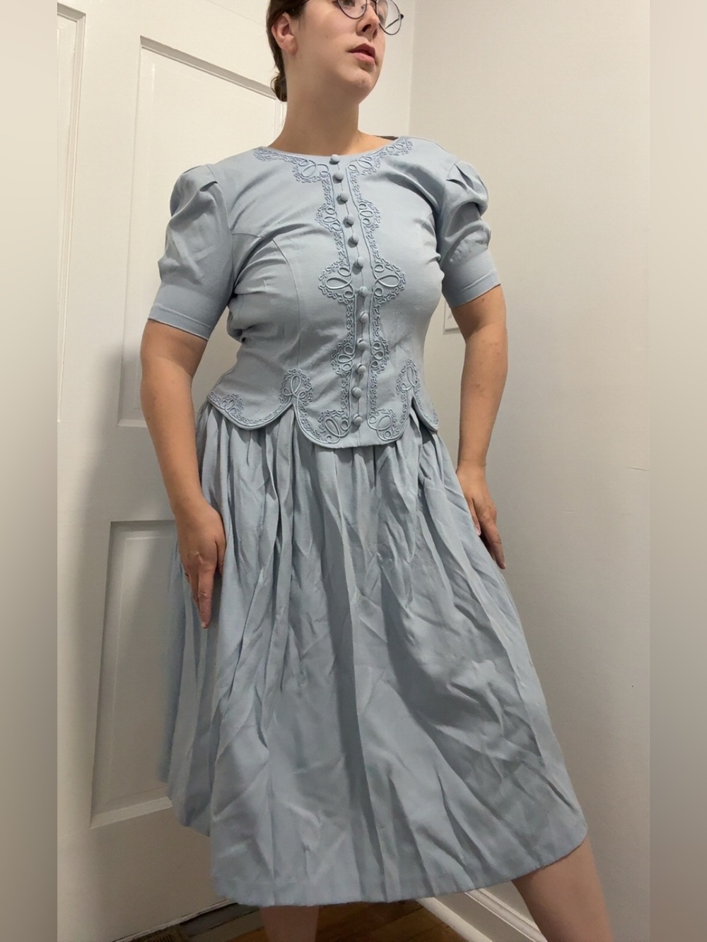 80s blue embroidered midi dress